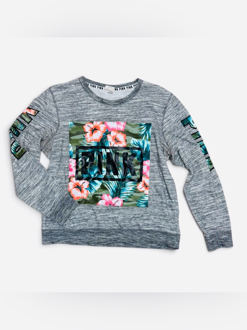 PINK Victoria's Secret Gray Pullover with Tropical Floral camo logo PINK Logo